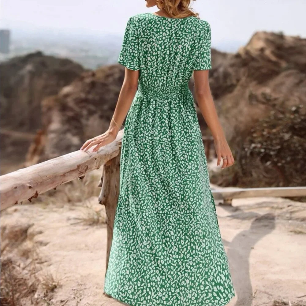 Boho floral print shirred waist slit thigh maxi dress - Picture 3 of 6